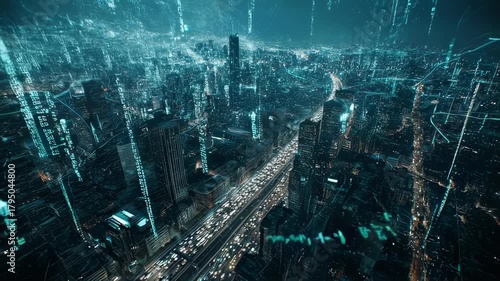A futuristic cityscape, bathed in blue light, with data streams weaving through the buildings