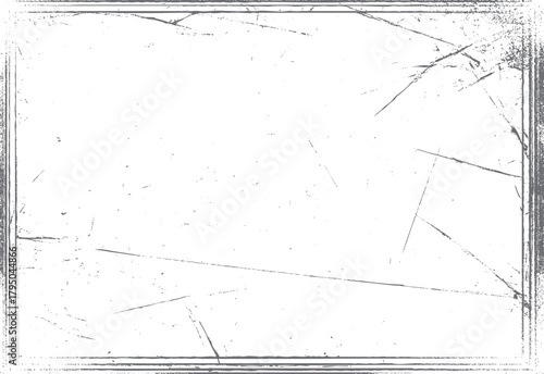 Grungy distressed square frame with scratches and speckles on white background grunge border