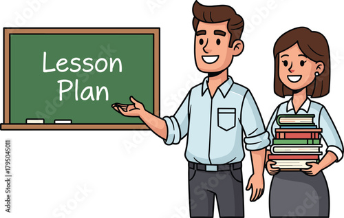 Male and female teachers presenting lesson plan, educational teamwork, chalkboard and books, classroom preparation, vector illustration, school concept, planning