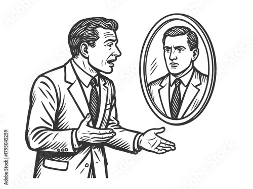 businessman gesturing emotionally at his reflection, symbolizing inner conflict, self-doubt, or personal struggle sketch engraving generative ai vector illustration. Scratch board. Black and white.