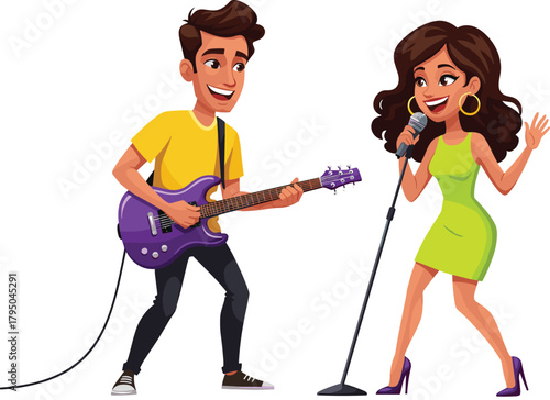 Musicians performing together, electric guitar and microphone, joyful stage moment, cartoon style, music collaboration, expressive characters, entertainment duo, vibrant energy