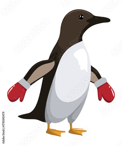 Striking illustration of a black and white penguin animal, depicting an emperor or king species, wearing red gloves, standing on a white surface vector