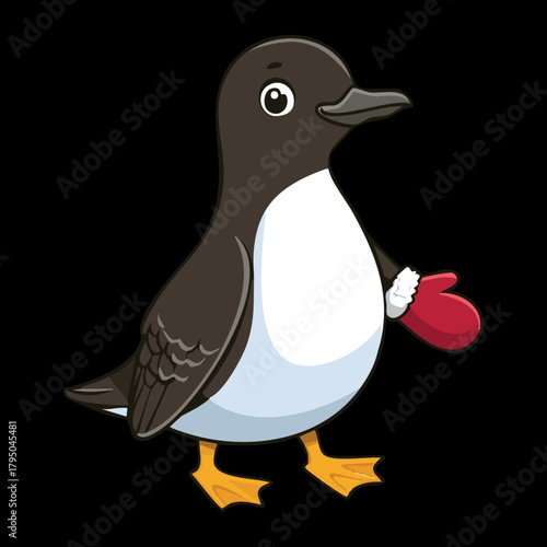 Adorable illustration of a small, dark-colored penguin animal with a white belly, wearing big red knitted mittens and a happy expression vector