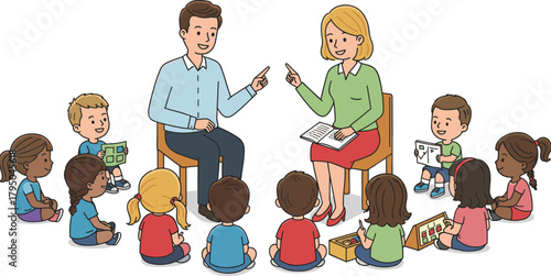 Teachers engaging with children, classroom learning moment, early education activity, storytelling and play, interactive teaching, preschool scene, cartoon style, group interaction