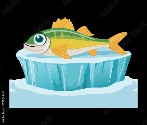 Simple illustration of a salmon-like fish animal resting on a piece of bright blue arctic ice, portraying a cold-weather marine scene vector