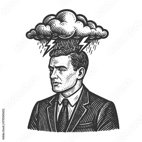 businessman with a storm cloud, rain, and lightning above his head, symbolizing stress, anxiety, and mental burden sketch engraving generative ai vector illustration. Scratch board. Black and white.