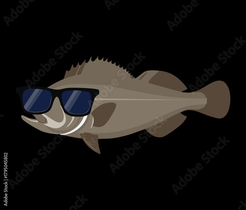 Fierce vector illustration of a dark, stylized sea bass fish animal with an aggressive expression, wearing cool black sunglasses on its snout