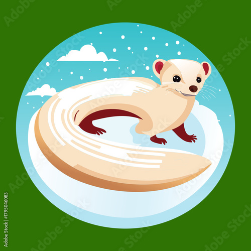 Playful long-bodied Animal ferret or weasel forming an S-shape on a stylized circular green snowy background illustration vector