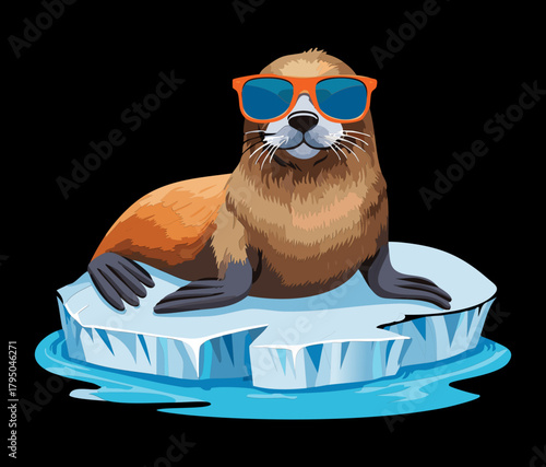 Happy Animal seal or sea lion wearing dark sunglasses, sunbathing on an arctic ice floe in the ocean illustration vector
