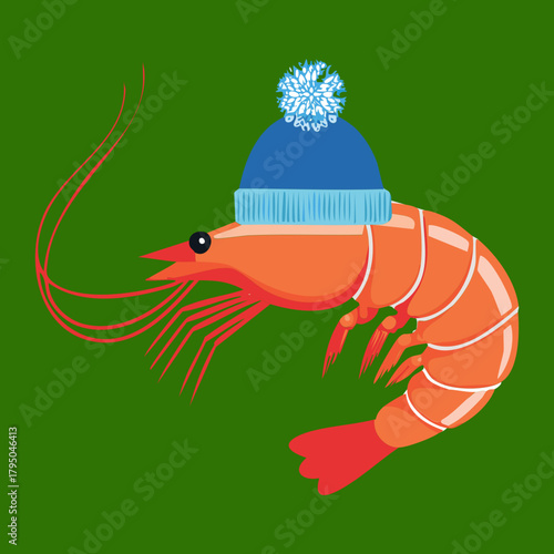 Red shrimp Animal wearing a green knit winter hat, ready for a cold-weather fishing trip illustration vector