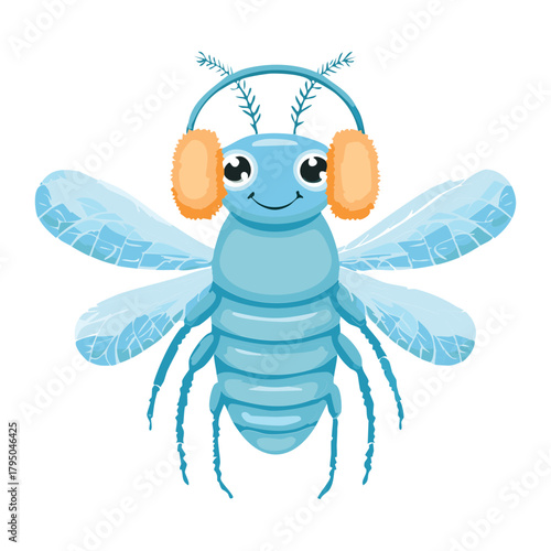 Friendly blue Animal insect or bug wearing bright orange earmuffs and headphones, enjoying some tunes illustration vector