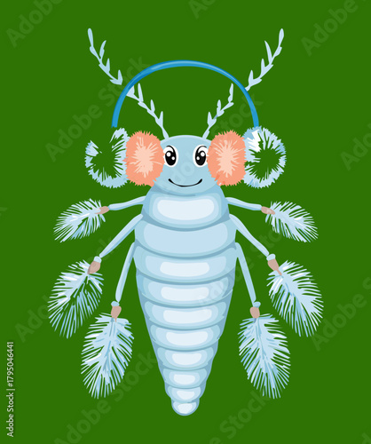 Tiny white springtail Animal or insect wearing green earmuffs and scarf for winter warmth illustration vector