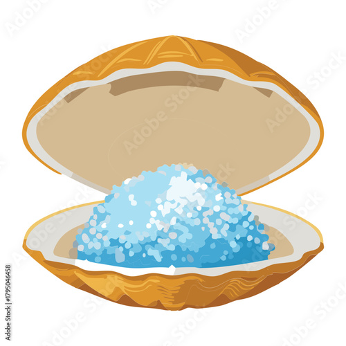 Open clam shell Animal displaying a generous mound of white sea salt or bright, crunchy ice crystals illustration vector