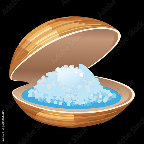 Half-open clam Animal shell containing a pile of white sea salt or sparkling ice crystals inside the bivalve illustration vector
