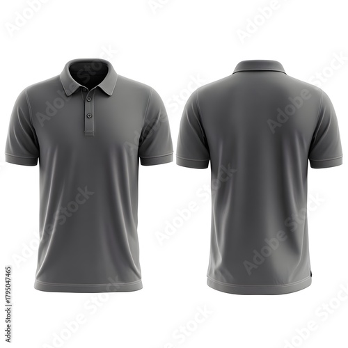 Front and back view of a plain dark grey short sleeve polo shirt on a white background