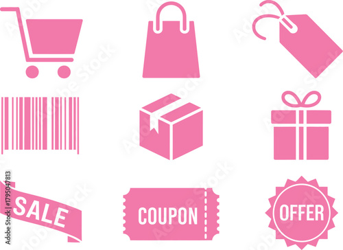 Shopping and coupon pink icons set. sale, tag, gift, barcode, cart vector illustration