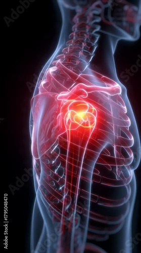 Medical visualization of shoulder pain presented in red color, health concept