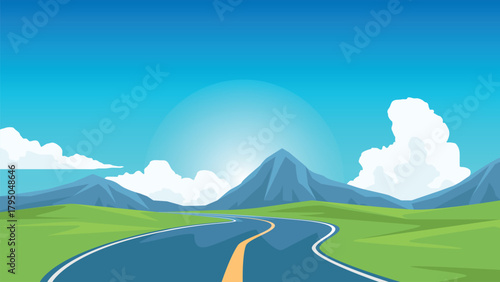 Stylish landscape with winding roads stretching as far as the eye can see. Fluffy white clouds adorn the bright blue sky over lush green hills. Sun shines brightly. Empty space above for something.