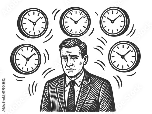 businessman surrounded by multiple clocks, symbolizing time pressure, deadlines, and stress sketch engraving generative ai fictional character vector illustration. Scratch board. Black and white image