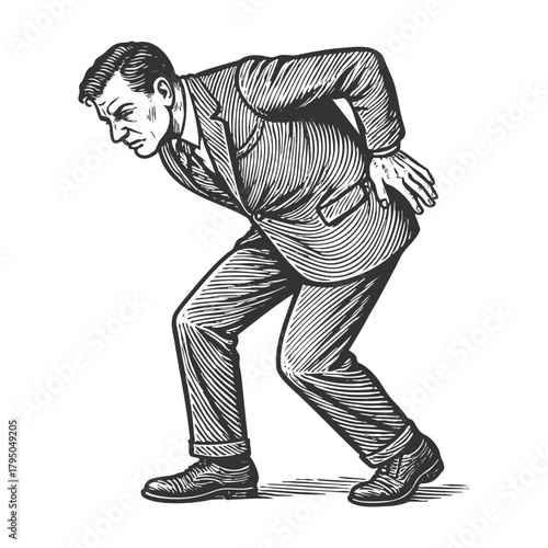 businessman clutching his lower back in pain, physical strain, workplace injury, or discomfort sketch engraving generative ai fictional character vector illustration. Scratch board. Black and white.