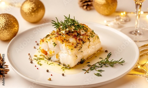Fototapeta Naklejka Na Ścianę i Meble -  Gourmet cod fish fillet serving fine dining style with rosemary, gold leaf, and festive christmas decorations