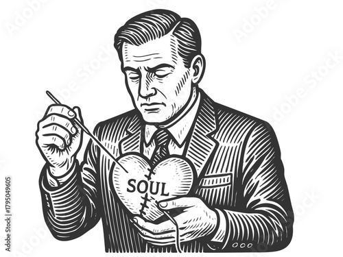 businessman carefully sewing a cracked heart marked Soul, emotional healing, self-repair, and inner recovery sketch engraving generative ai vector illustration. Scratch board. Black and white image.