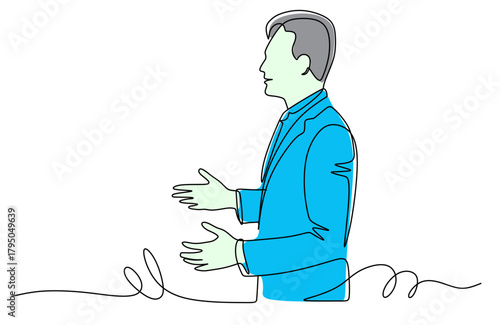 Continuous line art of a businessman talking and giving directions for improvement. Vector illustration with attractive colors.