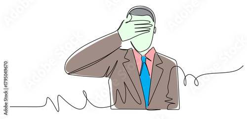Continuous line art of an honest businessman covering his eyes with his hand as a sign of refusing a bribe. Vector illustration with attractive colors.
