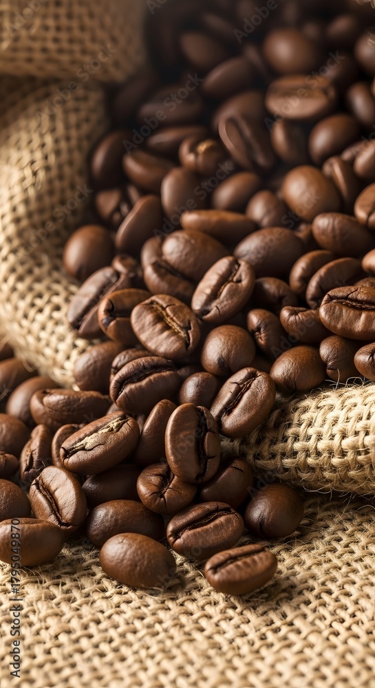 Fototapeta premium Freshly roasted coffee beans spilling from a burlap sack. Ideal for food, beverage, and cafe themes, showcasing aroma and quality.