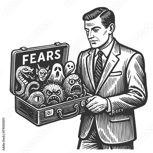 businessman opening a briefcase labeled with Fears, inner anxiety and phobias sketch engraving generative ai fictional character vector illustration. Scratch board imitation. Black and white image.