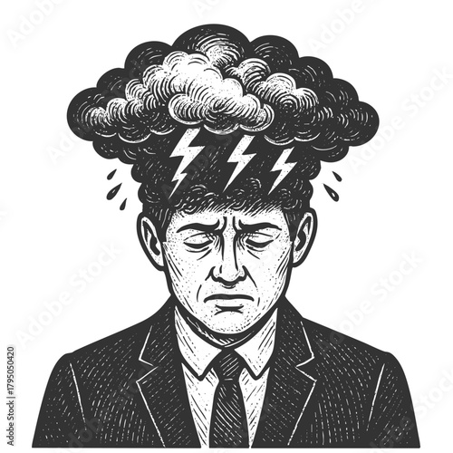 businessman with a storm cloud, rain, and lightning above his head, symbolizing stress, anxiety, and mental burden sketch engraving generative ai vector illustration. Scratch board. Black and white.