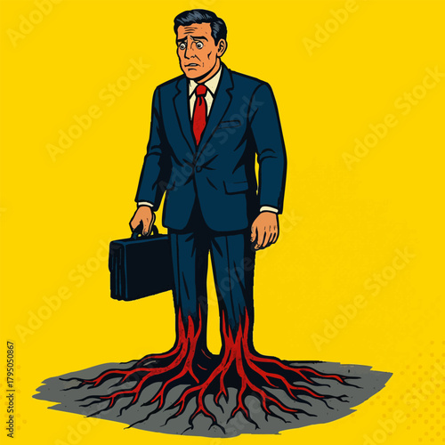 businessman with roots growing from his legs into the ground, symbolizing feeling stuck or trapped. Generative ai vector colorful pop art illustration.