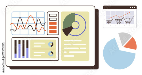 Data dashboard featuring graphs, pie chart, and shopping cart analytics. Ideal for data analysis, e-commerce, reports, business tracking, marketing performance review decision-making. Simple flat