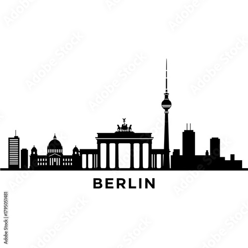 Berlin city skyline silhouette with famous landmarks and text  