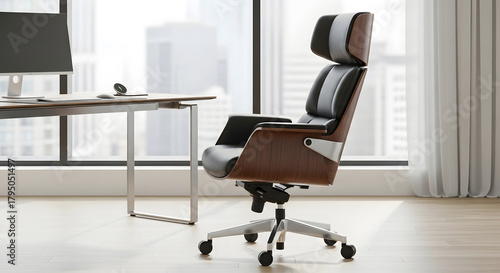 Modern ergonomic office chair with adjustable headrest and armrests next to a desk with a computer monitor