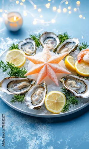 Fresh oysters on ice with lemon slices, dill, shrimp, and a star decoration, creating a festive holiday appetizer