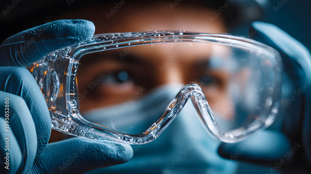 Fototapeta premium Person wearing mask and gloves holds up protective goggles, focusing intently. scene suggests medical or laboratory environment, emphasizing safety and precision