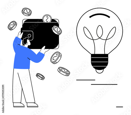 Person holding large wallet with coins falling out, light bulb nearby symbolizing ideas and innovation. Ideal for finance, savings, creativity, investment, business strategies, budgeting, simple flat
