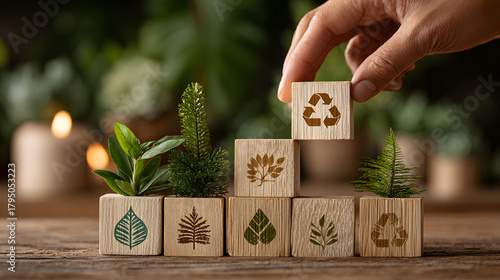 Wooden blocks with eco friendly symbols and plants convey sustainable lifestyle. hand adjusts block with recycling symbol, emphasizing environmental awareness and green living