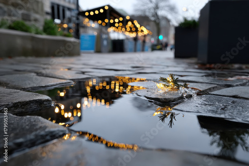 Fototapeta Naklejka Na Ścianę i Meble -  A serene puddle reflects glowing lights and a small branch in a charming cobblestone street, capturing the tranquility of an evening atmosphere in a vibrant urban setting.