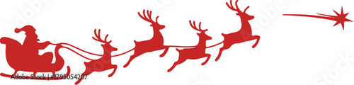 Red silhouette vector icon of Santa Claus on his sleigh pulled by flying reindeer with a shooting star.
