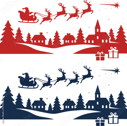 Vector silhouette Christmas scene set featuring Santa Claus on his sleigh pulled by flying reindeer over a snowy winter village with houses, pine trees, a church, and festive gifts.