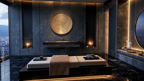 Luxurious spa room with massage bed, city view. Relaxation and wellness concept.
