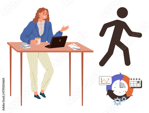 Woman with laptop talking at desk, representing collaboration. Nearby icons of a walking figure, clock, analytics, scheduling, emphasizing balanced work habits. Ideal for productivity, teamwork