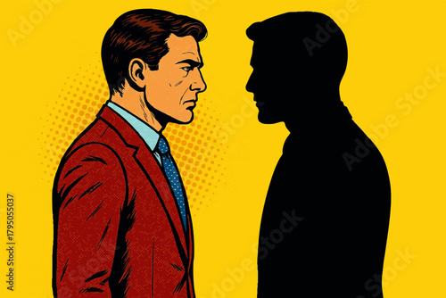 man confronting his black silhouette on a yellow background, symbolizing identity, inner conflict, or self-awareness. Generative ai vector colorful pop art illustration.