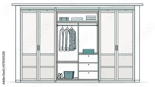 Organize Your Life with a Beautiful Wardrobe Closet, Featuring Clothes, Towels, and Storage Solutions for a Tidy Home, Originally a Scalable Vector Graphic
