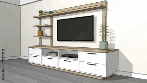 Modern living room interior with entertainment center, TV, storage, and potted plants, perfect for home design inspiration and showcasing contemporary style