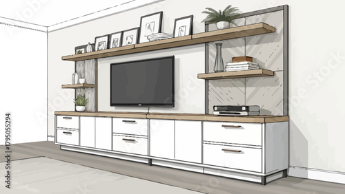 Chic living room interior design concept with modern media console and stylish shelving, perfect for home decor inspiration and interior design projects