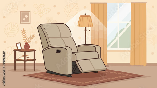 Relaxing recliner chair scene perfect for home decor, creating a cozy feeling with a modern lamp, side table and window view, designed for comfort