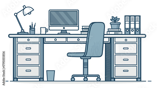 Modern workspace scene with desk, computer, chair, and office supplies creates a productive and organized environment, ideal for business visuals